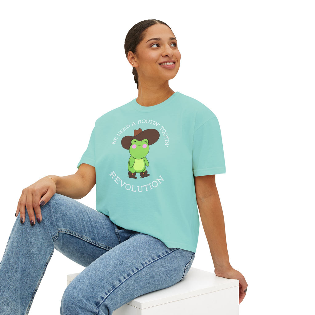 Rootin' Tootin' Frog Revolution Boxy Tee — Cute Cowgirl Frog Graphic Shirt