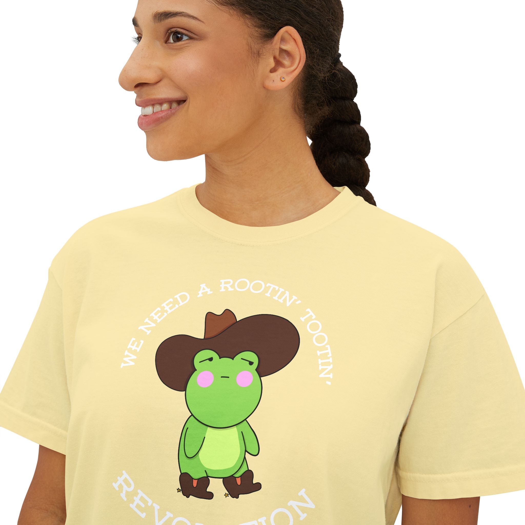 Rootin' Tootin' Frog Revolution Boxy Tee — Cute Cowgirl Frog Graphic Shirt