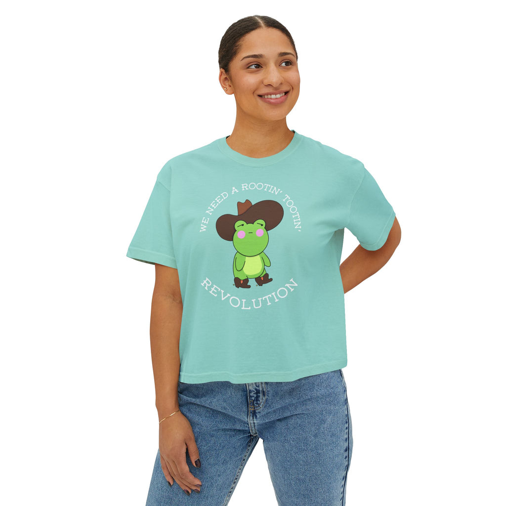 Rootin' Tootin' Frog Revolution Boxy Tee — Cute Cowgirl Frog Graphic Shirt
