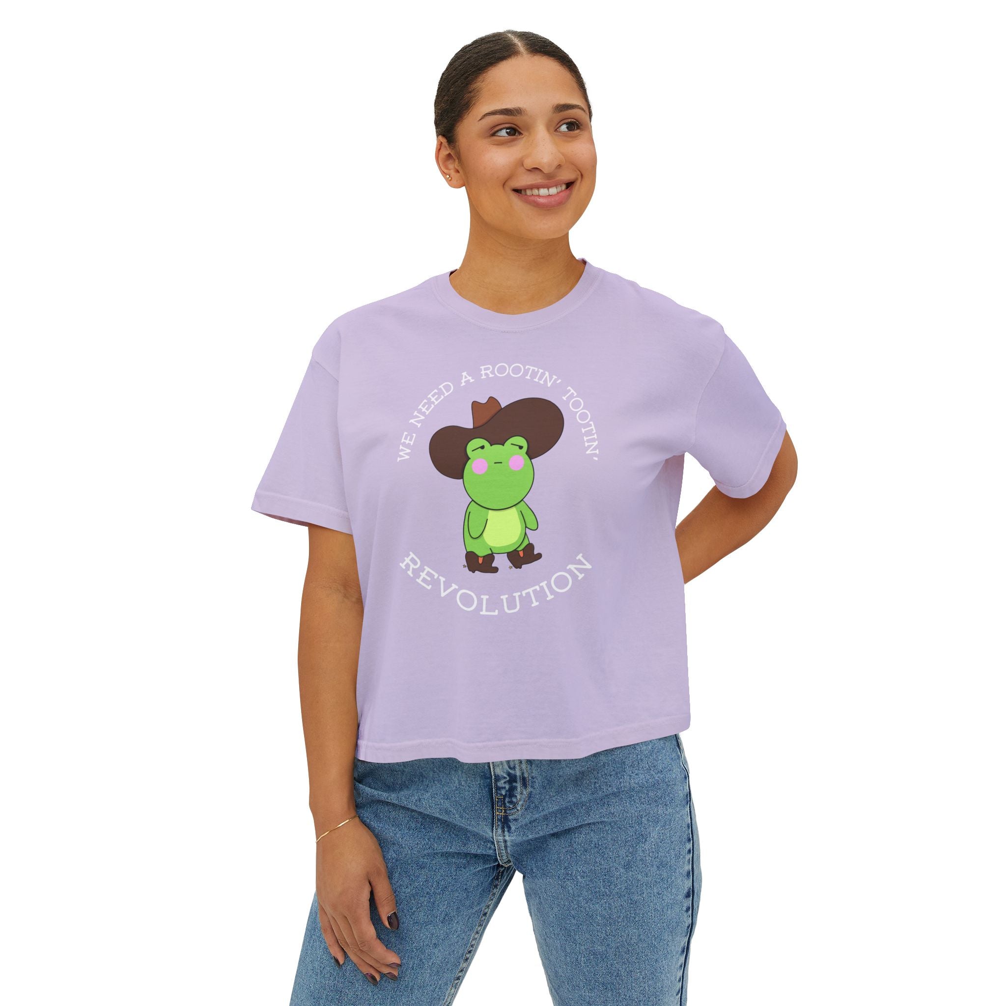 Rootin' Tootin' Frog Revolution Boxy Tee — Cute Cowgirl Frog Graphic Shirt