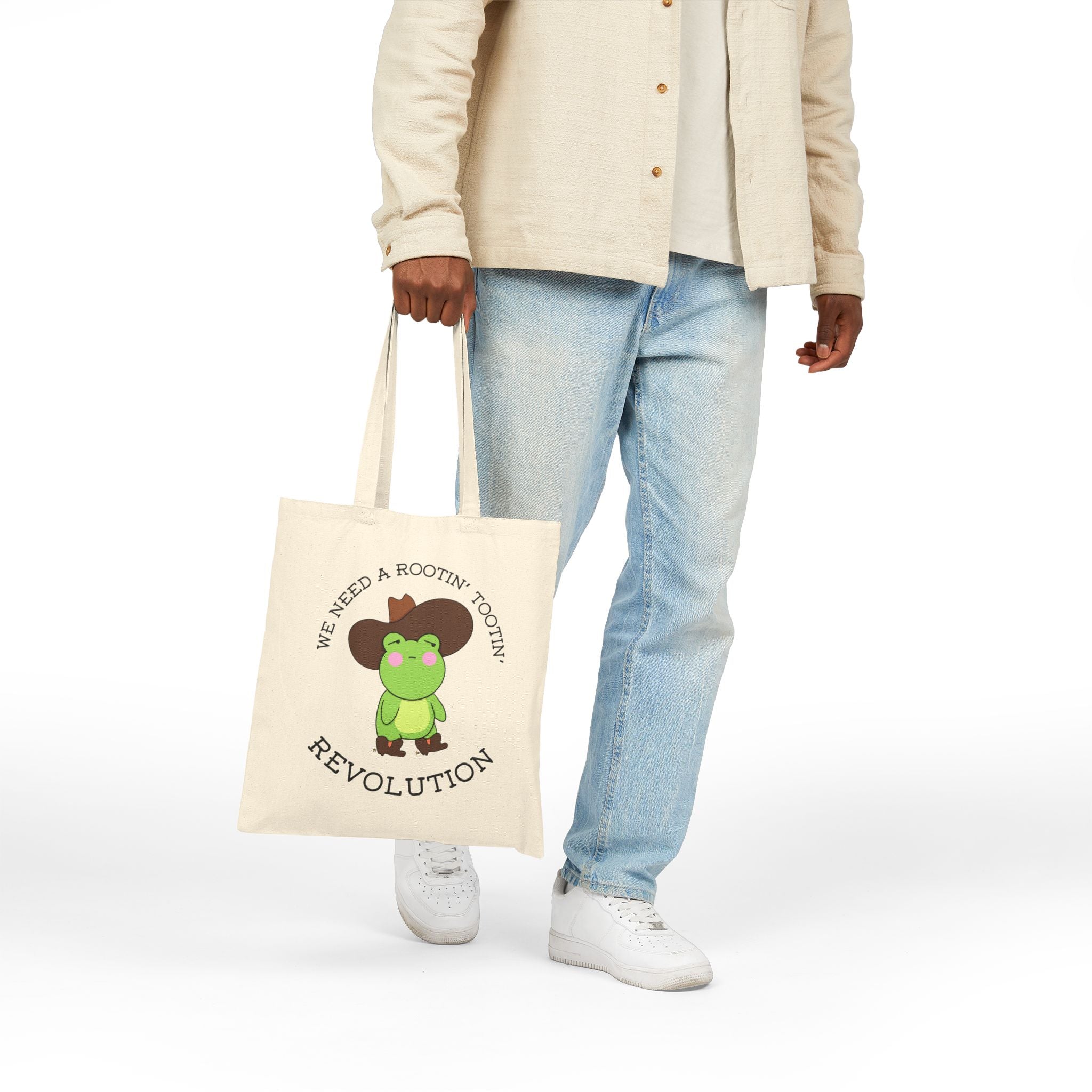 Revolution Frog Tote Bag — "We Need a Rootin' Tootin' Revolution" Cotton Canvas Tote