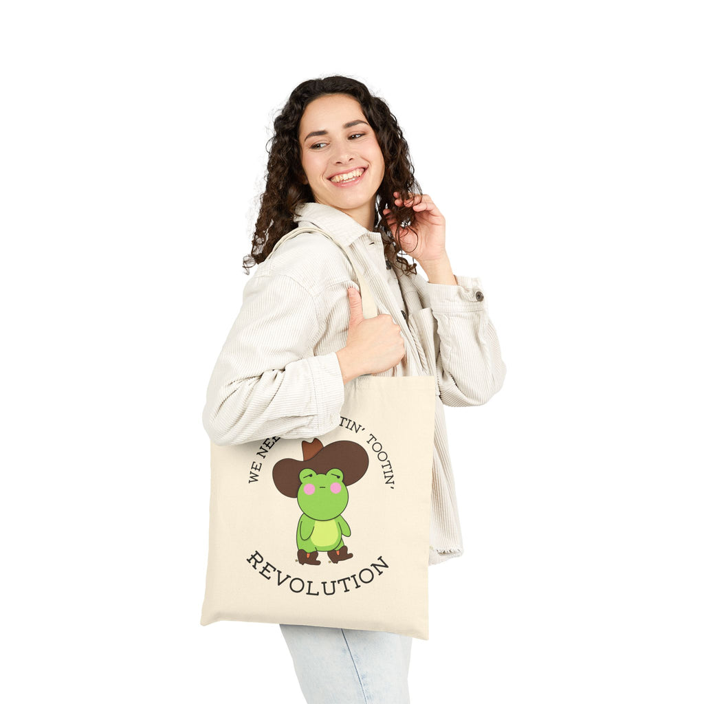 Revolution Frog Tote Bag — "We Need a Rootin' Tootin' Revolution" Cotton Canvas Tote
