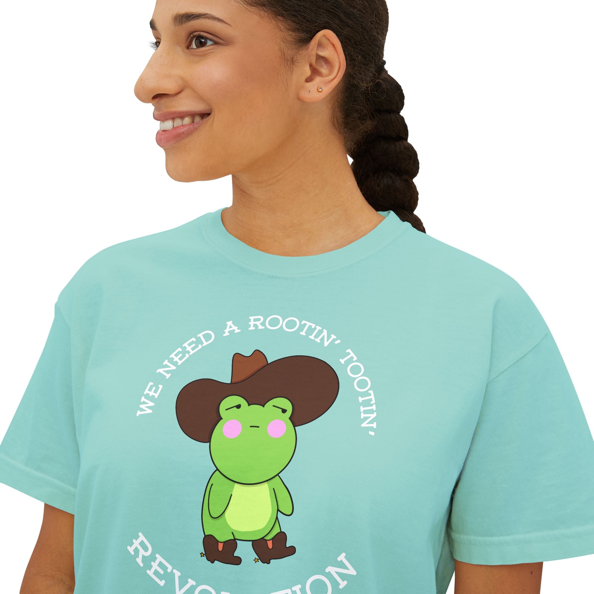 Rootin' Tootin' Frog Revolution Boxy Tee — Cute Cowgirl Frog Graphic Shirt