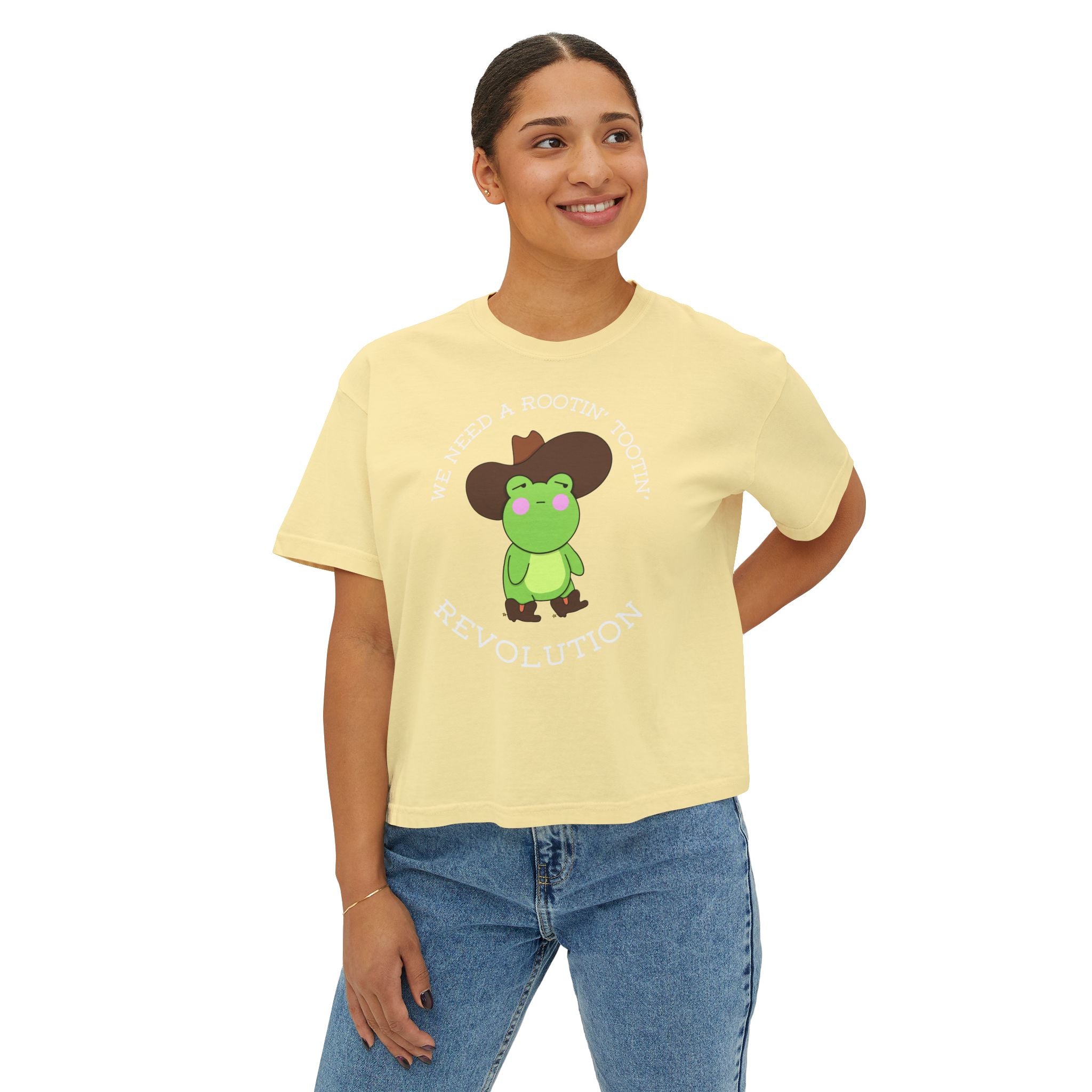 Rootin' Tootin' Frog Revolution Boxy Tee — Cute Cowgirl Frog Graphic Shirt