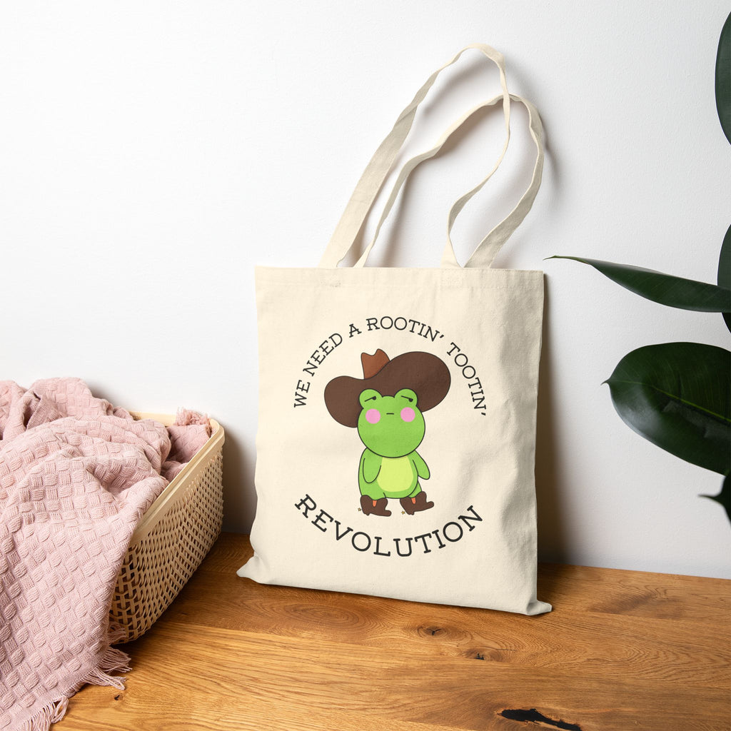 Revolution Frog Tote Bag — "We Need a Rootin' Tootin' Revolution" Cotton Canvas Tote