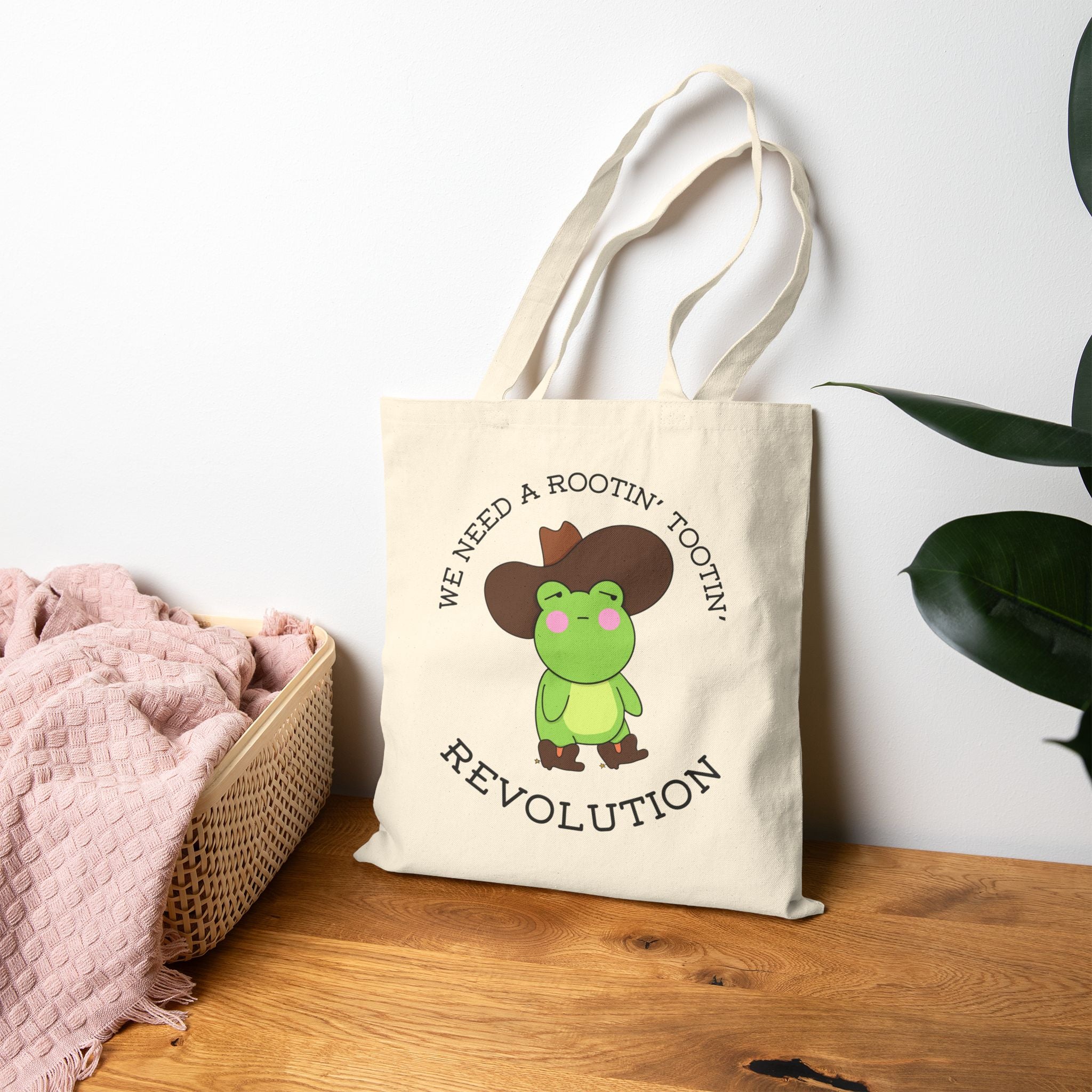 Revolution Frog Tote Bag — "We Need a Rootin' Tootin' Revolution" Cotton Canvas Tote