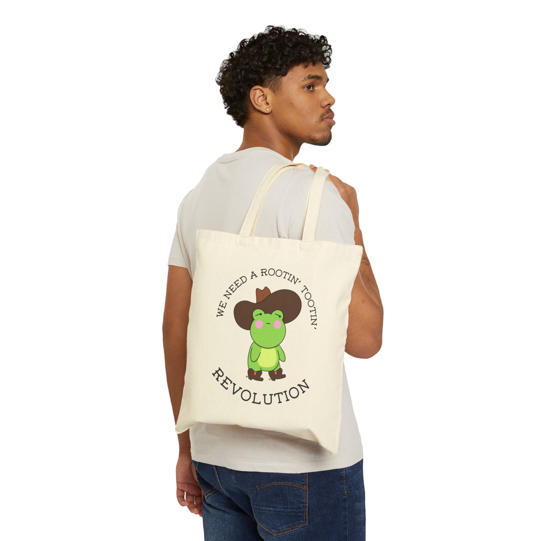 Revolution Frog Tote Bag — "We Need a Rootin' Tootin' Revolution" Cotton Canvas Tote