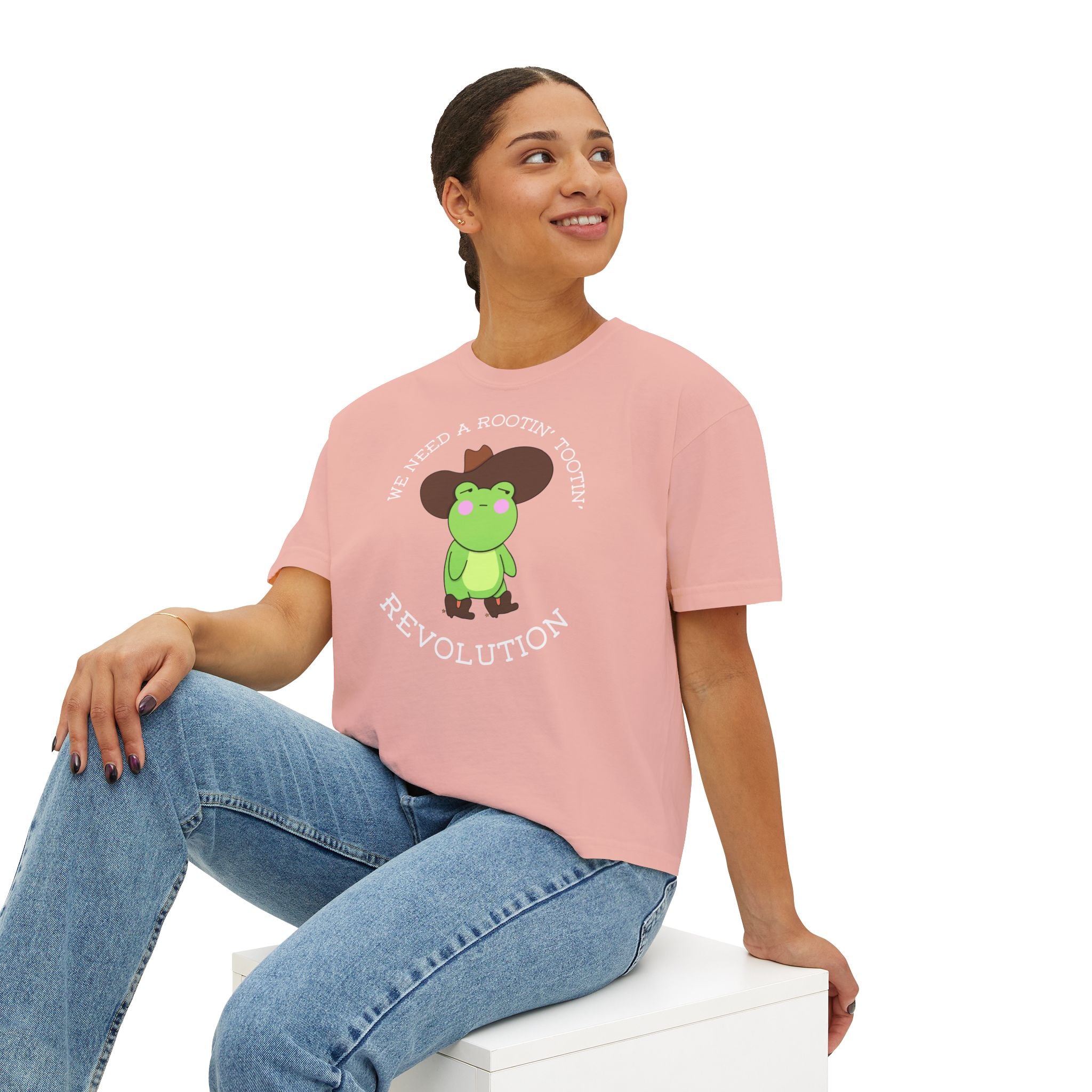 Rootin' Tootin' Frog Revolution Boxy Tee — Cute Cowgirl Frog Graphic Shirt