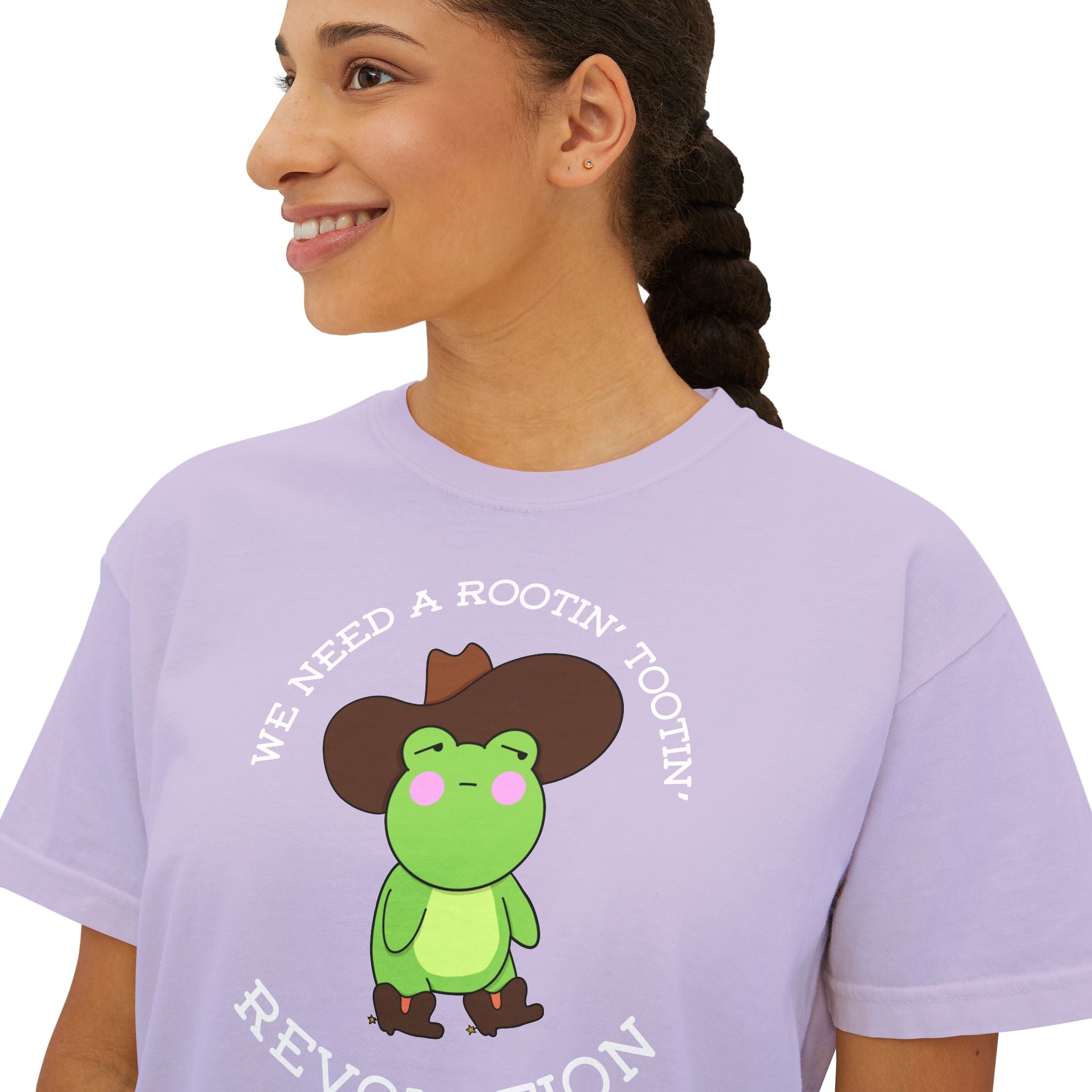 Rootin' Tootin' Frog Revolution Boxy Tee — Cute Cowgirl Frog Graphic Shirt