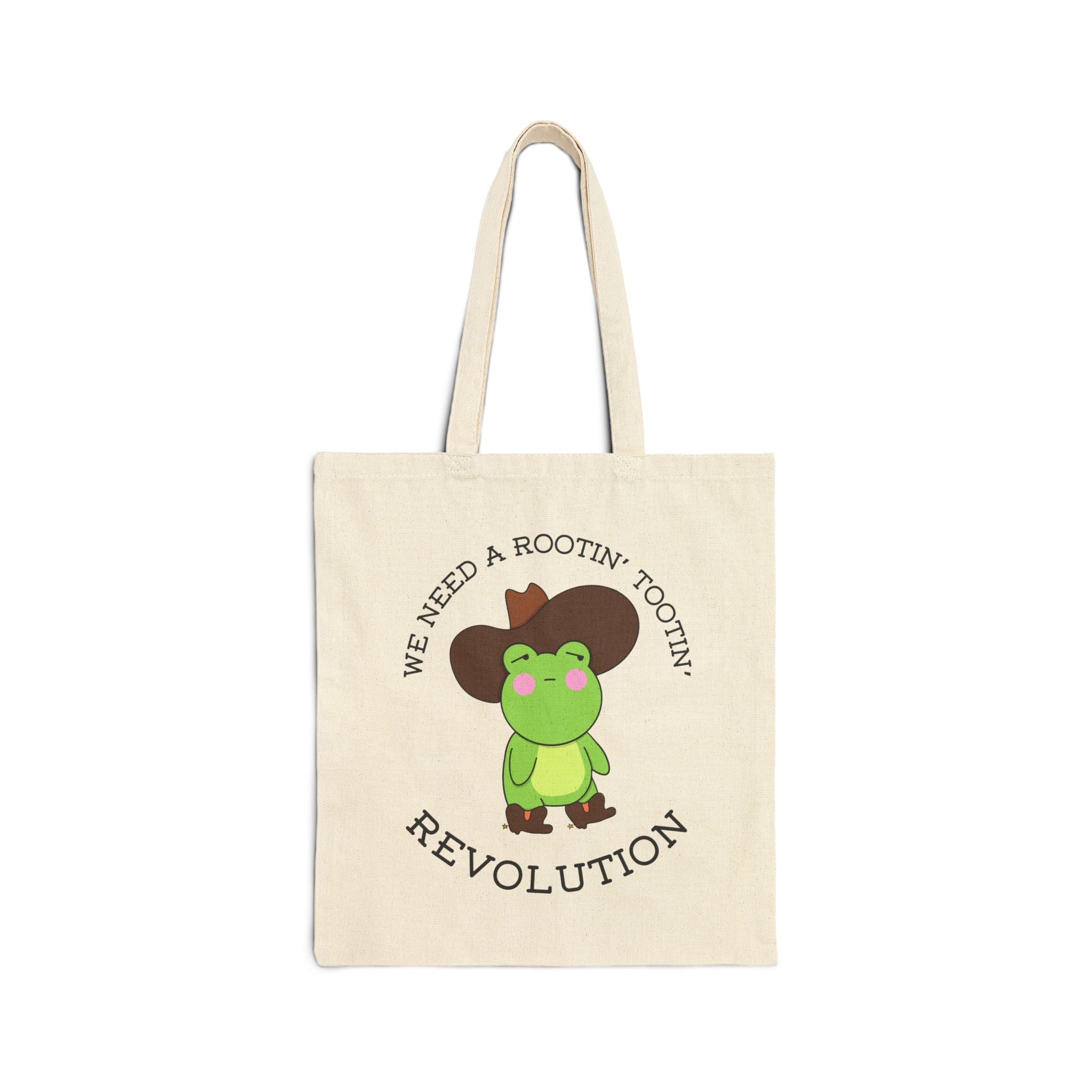 Revolution Frog Tote Bag — "We Need a Rootin' Tootin' Revolution" Cotton Canvas Tote