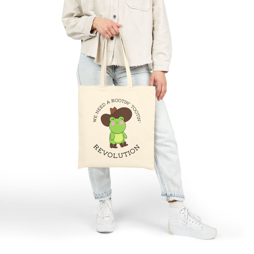 Revolution Frog Tote Bag — "We Need a Rootin' Tootin' Revolution" Cotton Canvas Tote