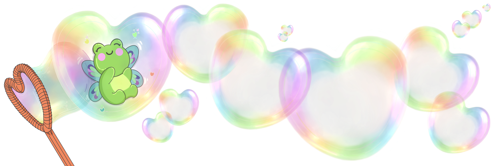 A decorative graphic featuring a green cartoon frog with pink eyes inside a large iridescent bubble, with smaller matching bubbles and a wavy orange line trailing along a plain white background.